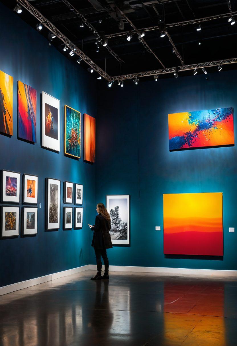 An artistic gallery showcasing captivating photography pieces on display, with diverse visitors admiring the works. The walls are adorned with vibrant, contemporary photographs depicting various themes, and the lighting highlights the textures of each piece. Include elements of excitement, innovation, and engagement to capture the essence of modern art exhibitions. super-realistic. vibrant colors. soft focus.