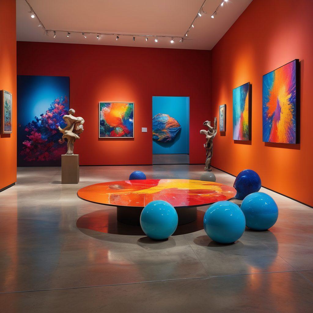 A vibrant, modern gallery space showcasing diverse contemporary art pieces, featuring a mix of abstract sculptures and colorful paintings. Incorporate visitors engaging with the artworks, contemplating and discussing their meanings. Use soft, ambient lighting to create an inviting atmosphere. Include elements that evoke a sense of exploration and discovery, such as a winding path through the exhibits. super-realistic. vibrant colors.
