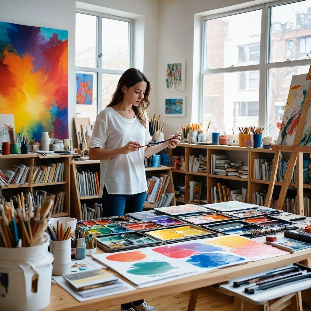A vibrant art studio filled with diverse canvases showcasing the evolution of artistic styles. Include a painter immersed in creating, surrounded by sketches, paint tubes, and brushes. Natural light streaming through large windows, illuminating the textures of the artworks. A timeline of art movements displayed in the background. super-realistic. vibrant colors. white background.